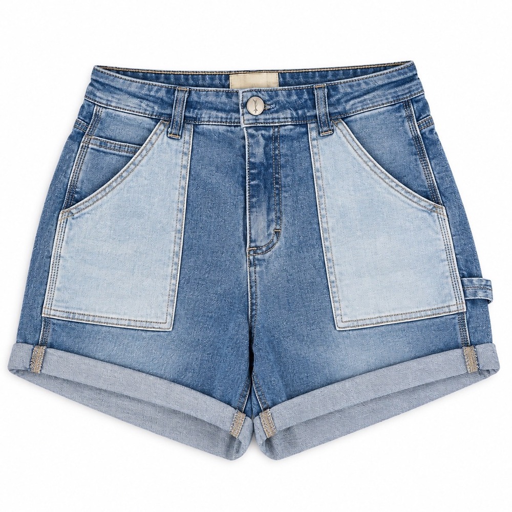 Banjara Two Tone Patchwork Denim Shorts Blue High Rise Cuffed Utility Size 9/28